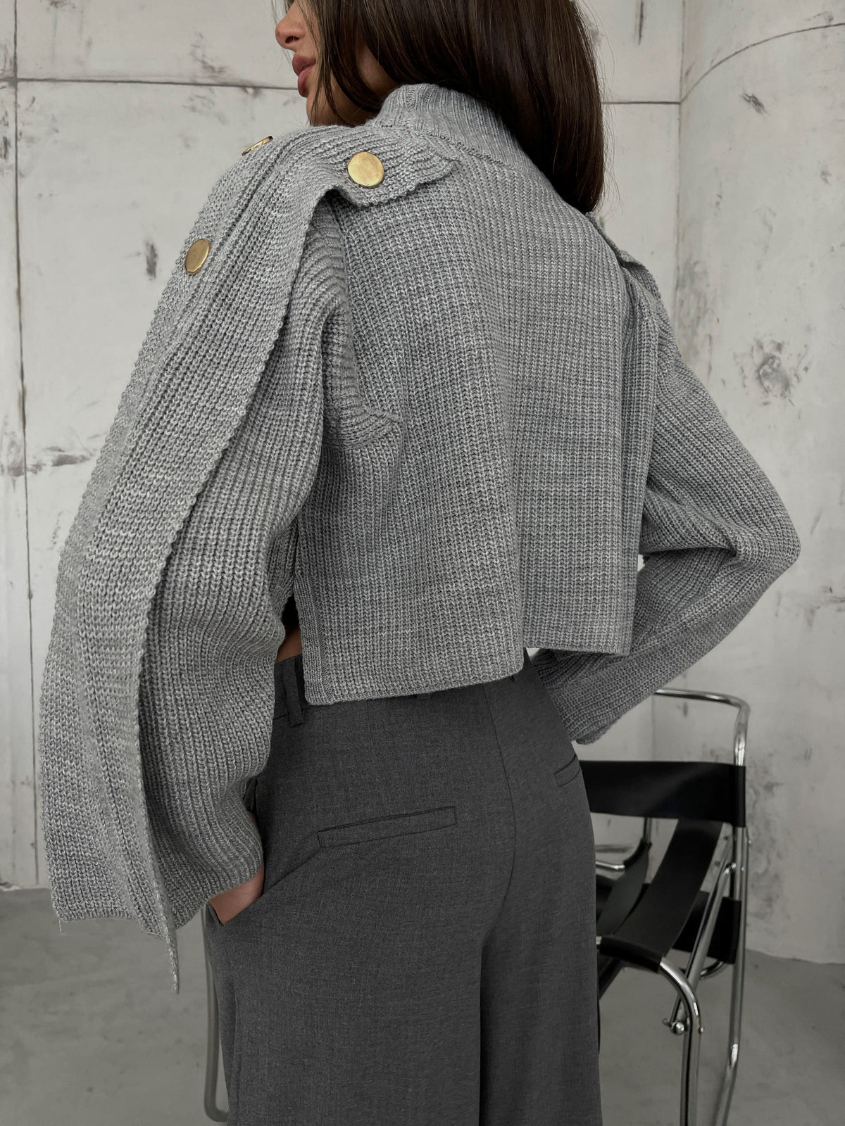 Button Detail Gray Oversized Sweater