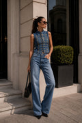 Button Detail Stand Collar Blue Denim Vest