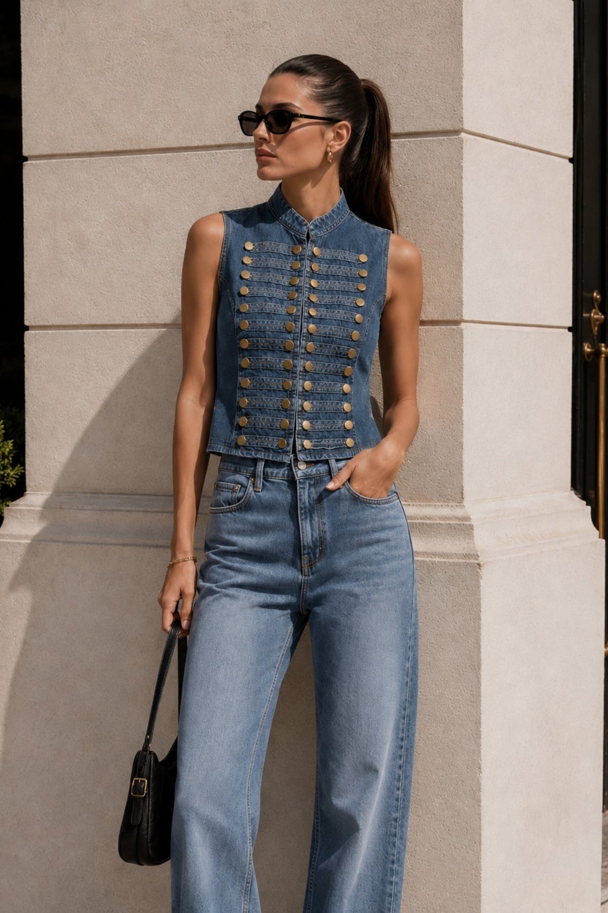 Button Detail Stand Collar Blue Denim Vest