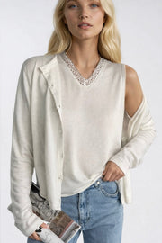 Button Detail Thin Blouse V-Neck Lace Blouse Two-Piece White Knit Set