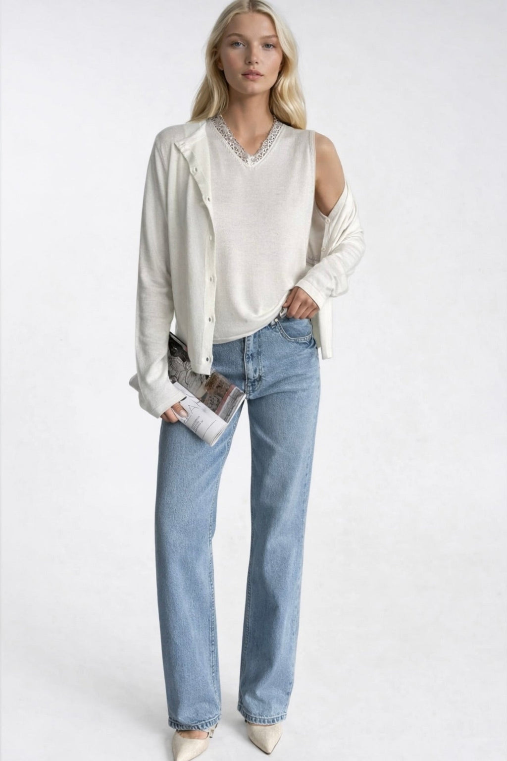 Button Detail Fine Blouse V-Neck Lace Blouse Two-piece White Knit Set