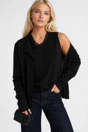 Button Detail Thin Blouse V-Neck Lace Blouse Two-Piece Black Knitwear Set