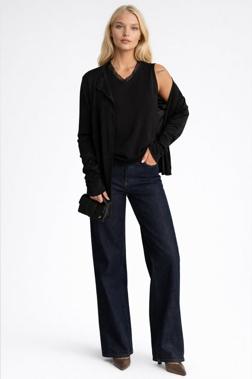Button Detail Fine Blouse V-Neck Lace Blouse Two-piece Black Knit Set