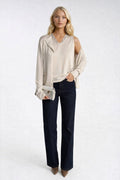 Button Detail Fine Blouse V-Neck Lace Blouse Two-piece Beige Knit Set