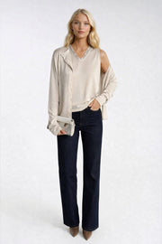 Button Detail Thin Blouse V-Neck Lace Blouse Two-Piece Beige Knit Set