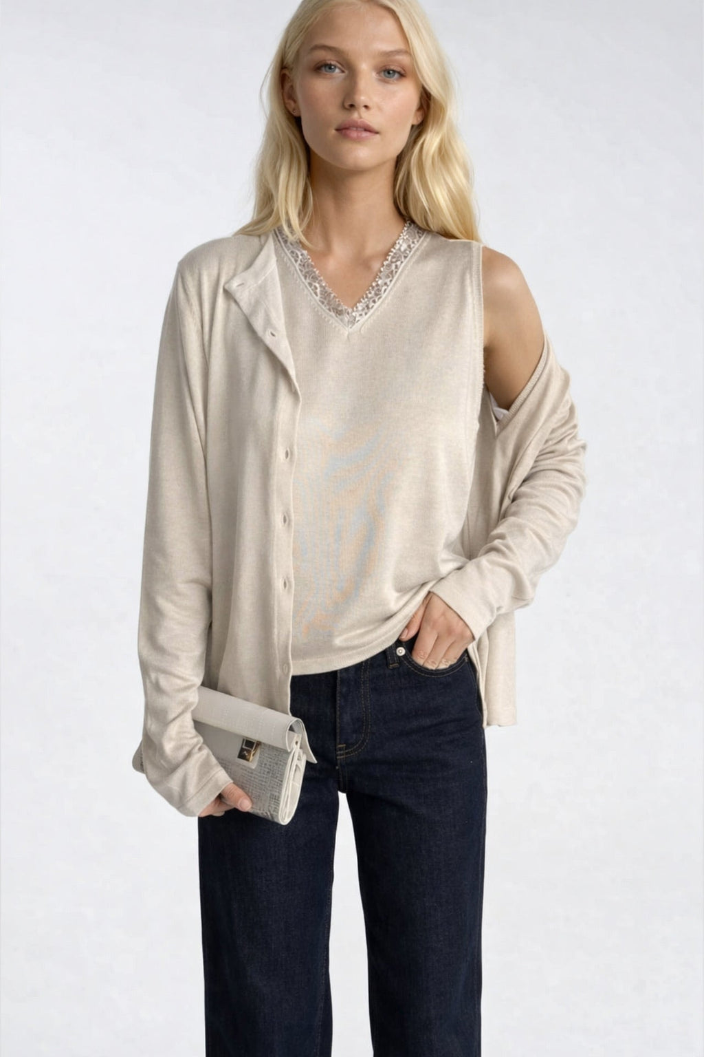 Button Detail Fine Blouse V-Neck Lace Blouse Two-piece Beige Knit Set
