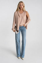 Button Detail Fine Blouse V-Neck Lace Blouse Two-piece Pink Knit Set