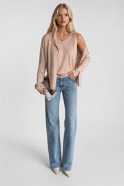 Button Detail Thin Blouse V-Neck Lace Blouse Two-Piece Pink Knit Set