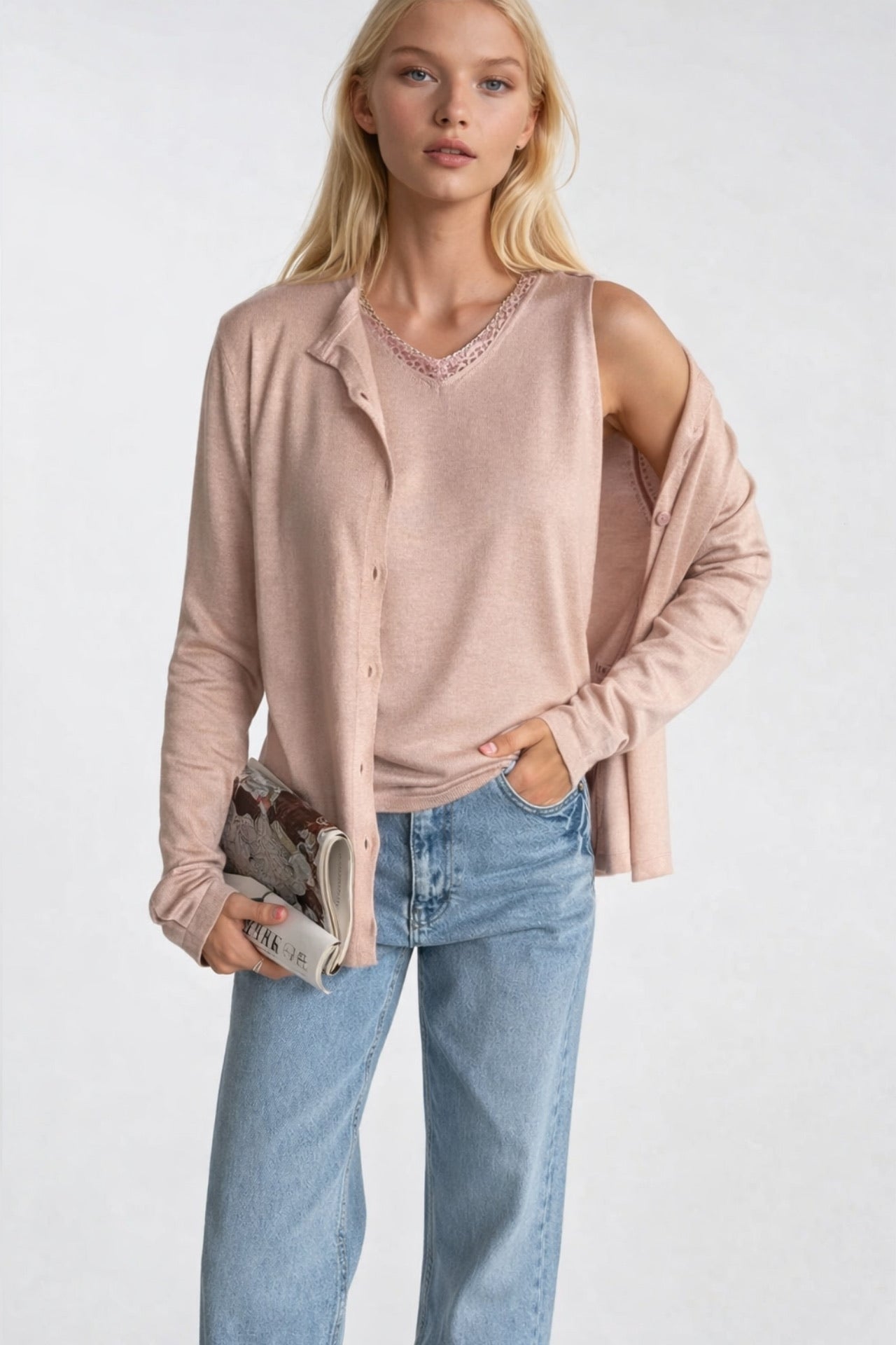 Button Detail Fine Blouse V-Neck Lace Blouse Two-piece Pink Knit Set