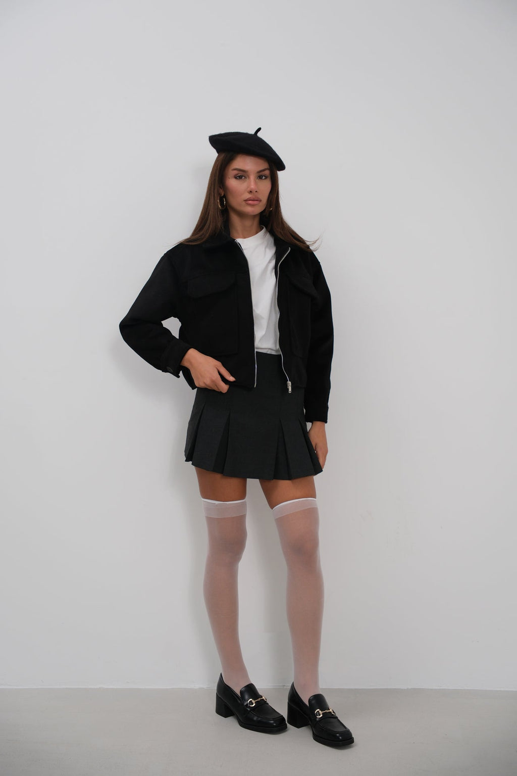 Button Detail Short Wool-Blend Black Coat