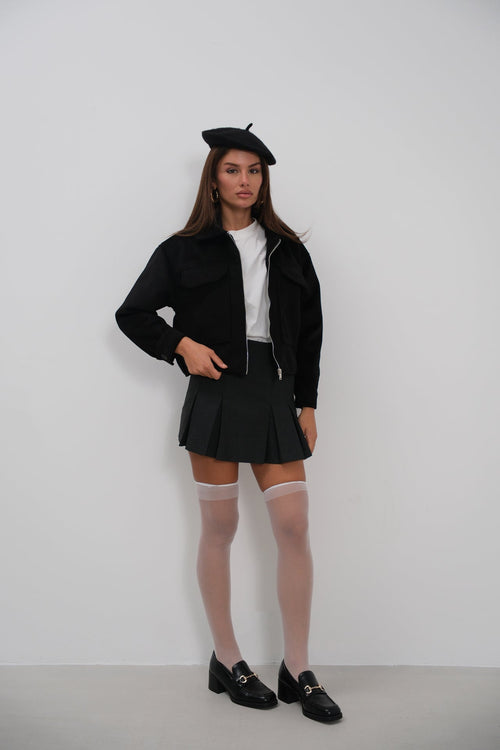 Button Detail Short Wool-Blend Black Coat