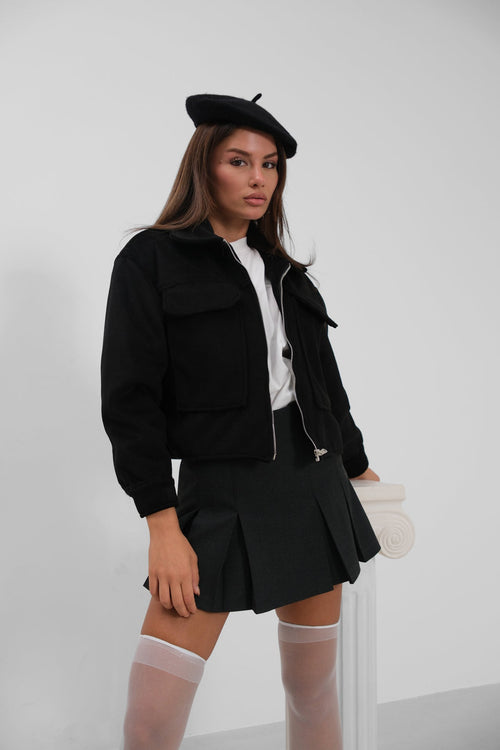 Button Detail Short Wool-Blend Black Coat
