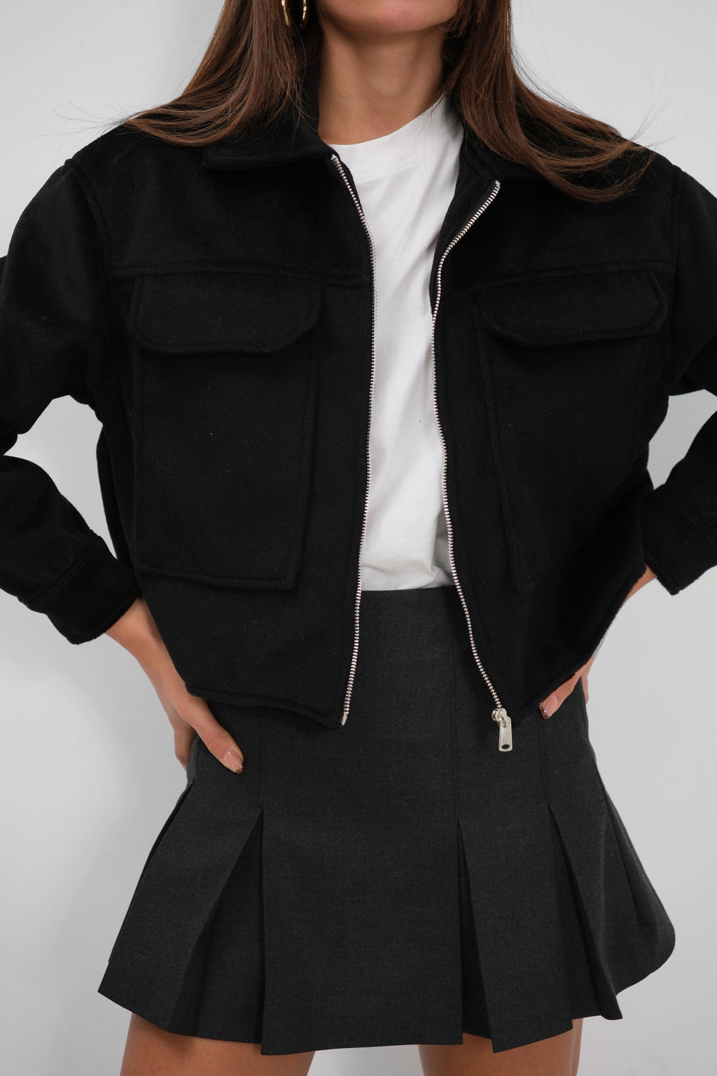 Button Detail Short Wool-Blend Black Coat
