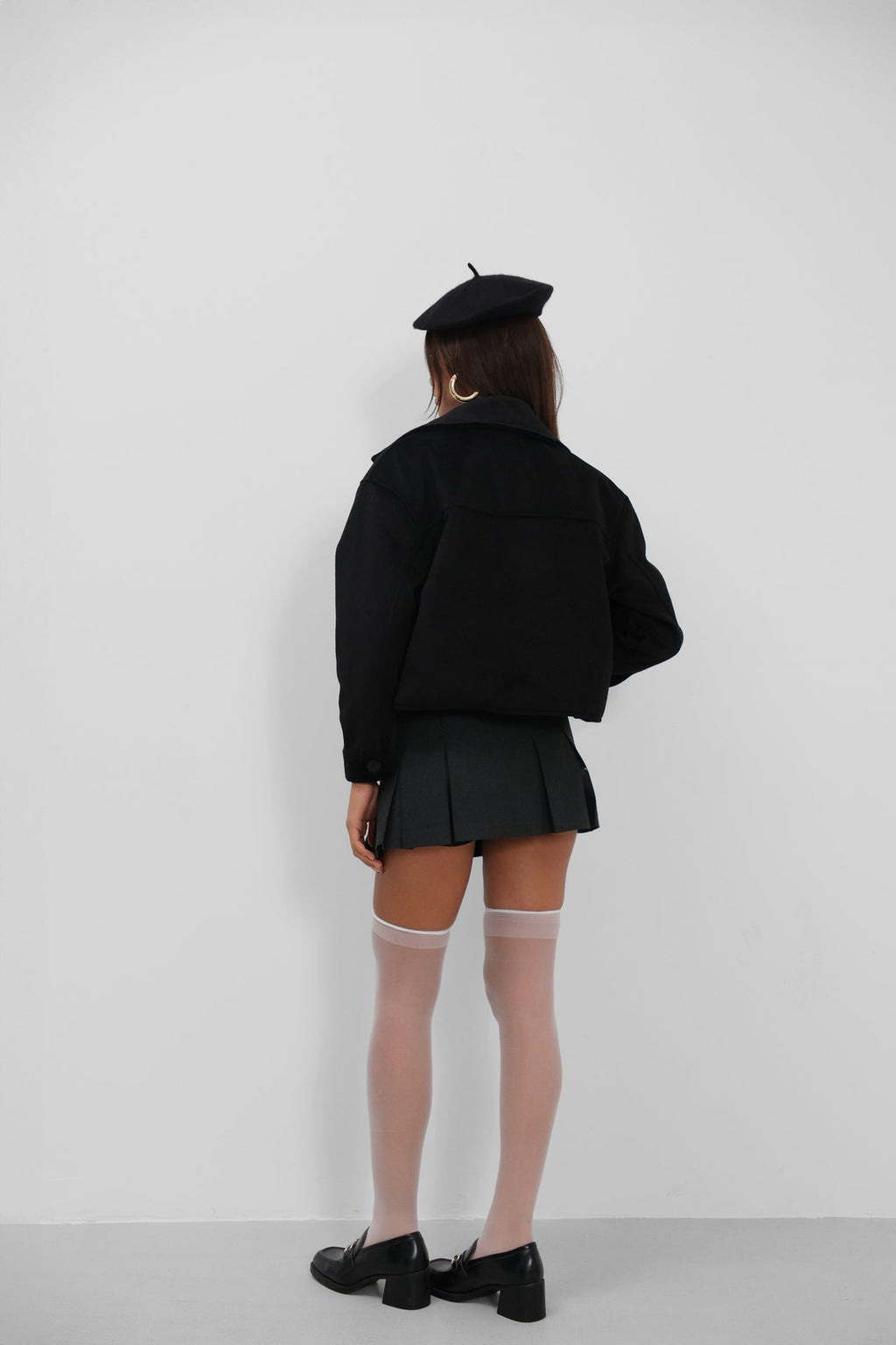 Button Detail Short Wool-Blend Black Coat