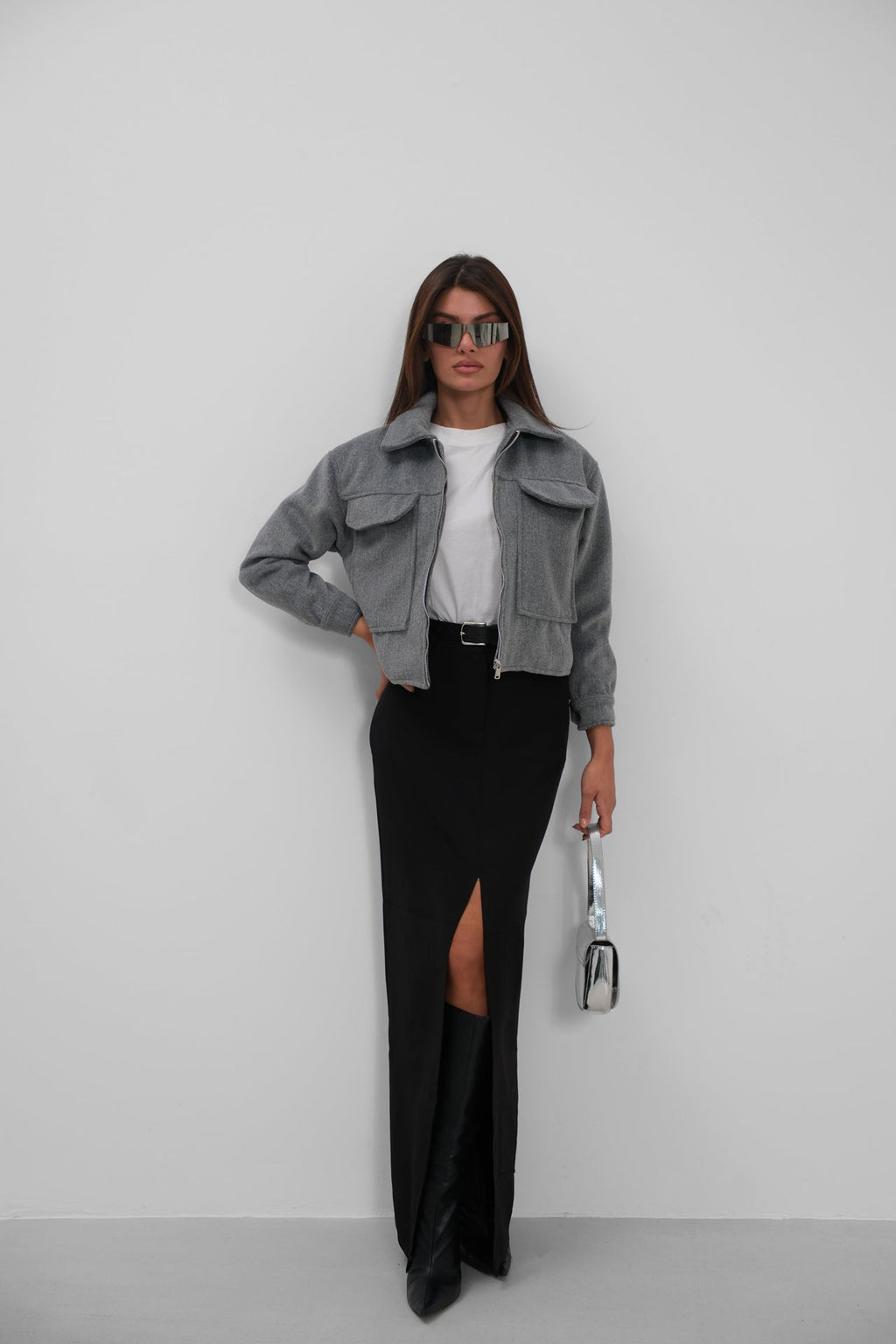Button Detail Short Wool-Blend Gray Coat