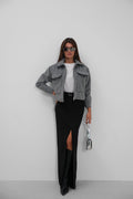 Button Detail Short Wool-Blend Gray Coat
