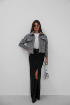 Button Detail Short Wool-Blend Gray Coat