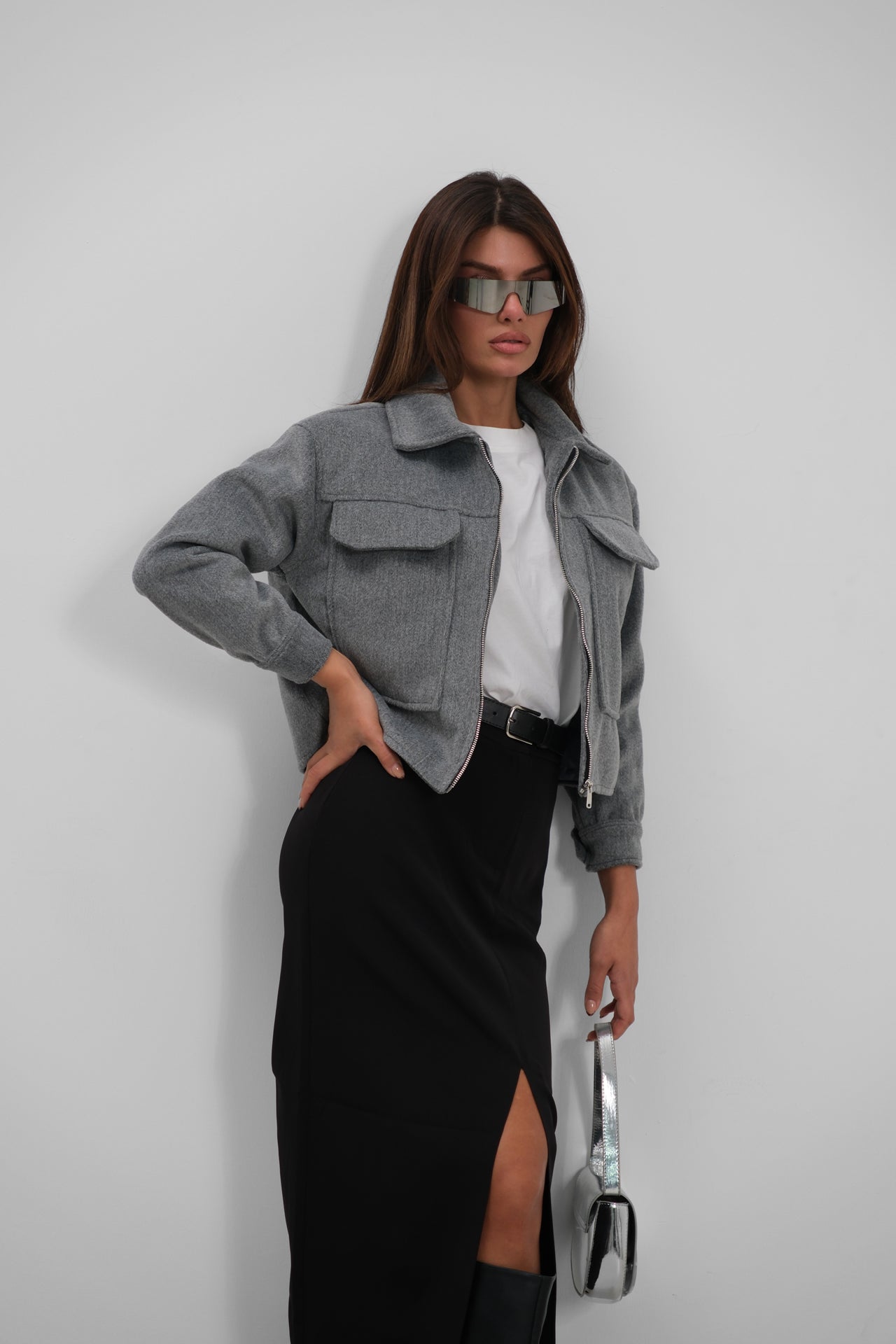 Button Detail Short Wool-Blend Gray Coat