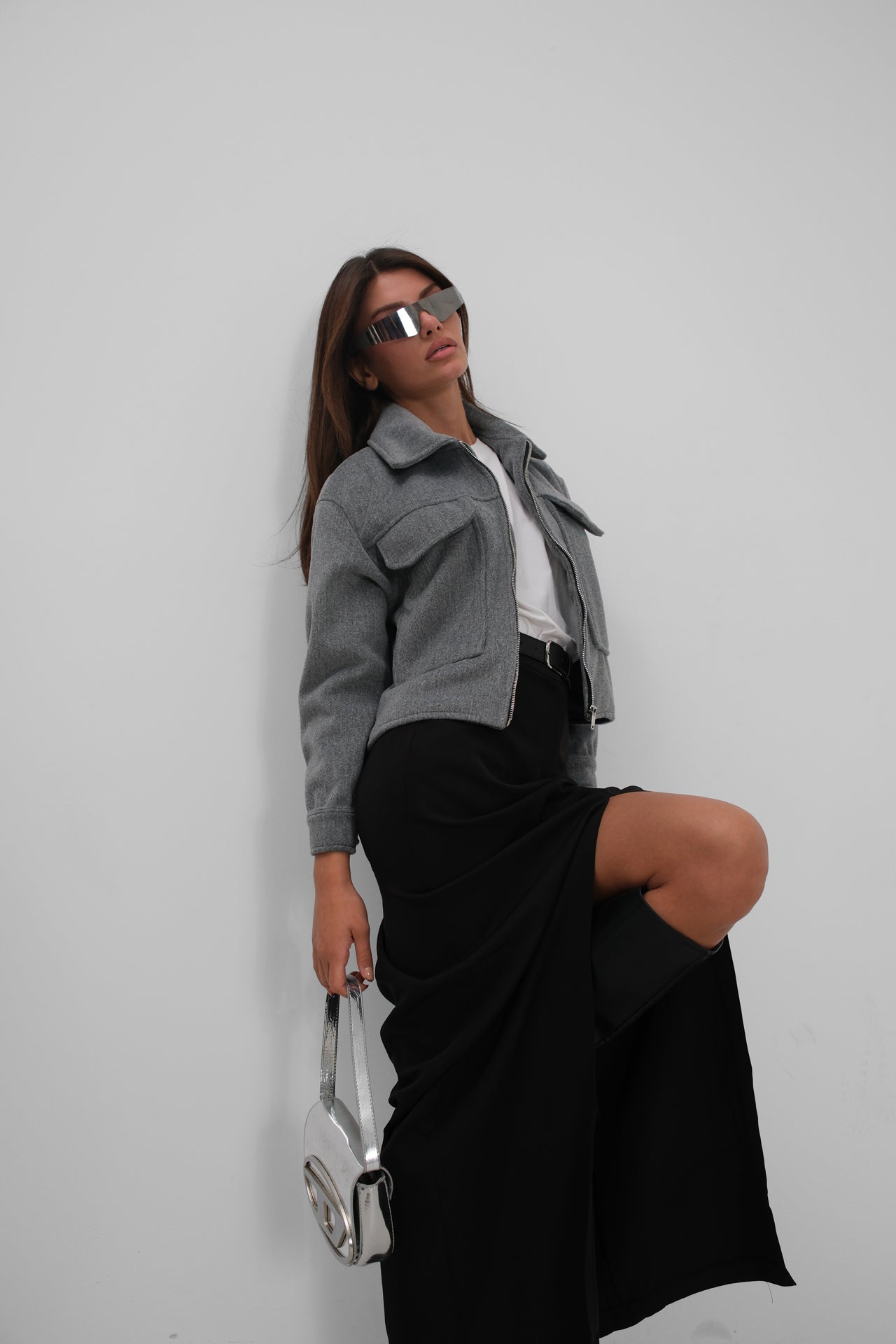 Button Detail Short Wool-Blend Gray Coat