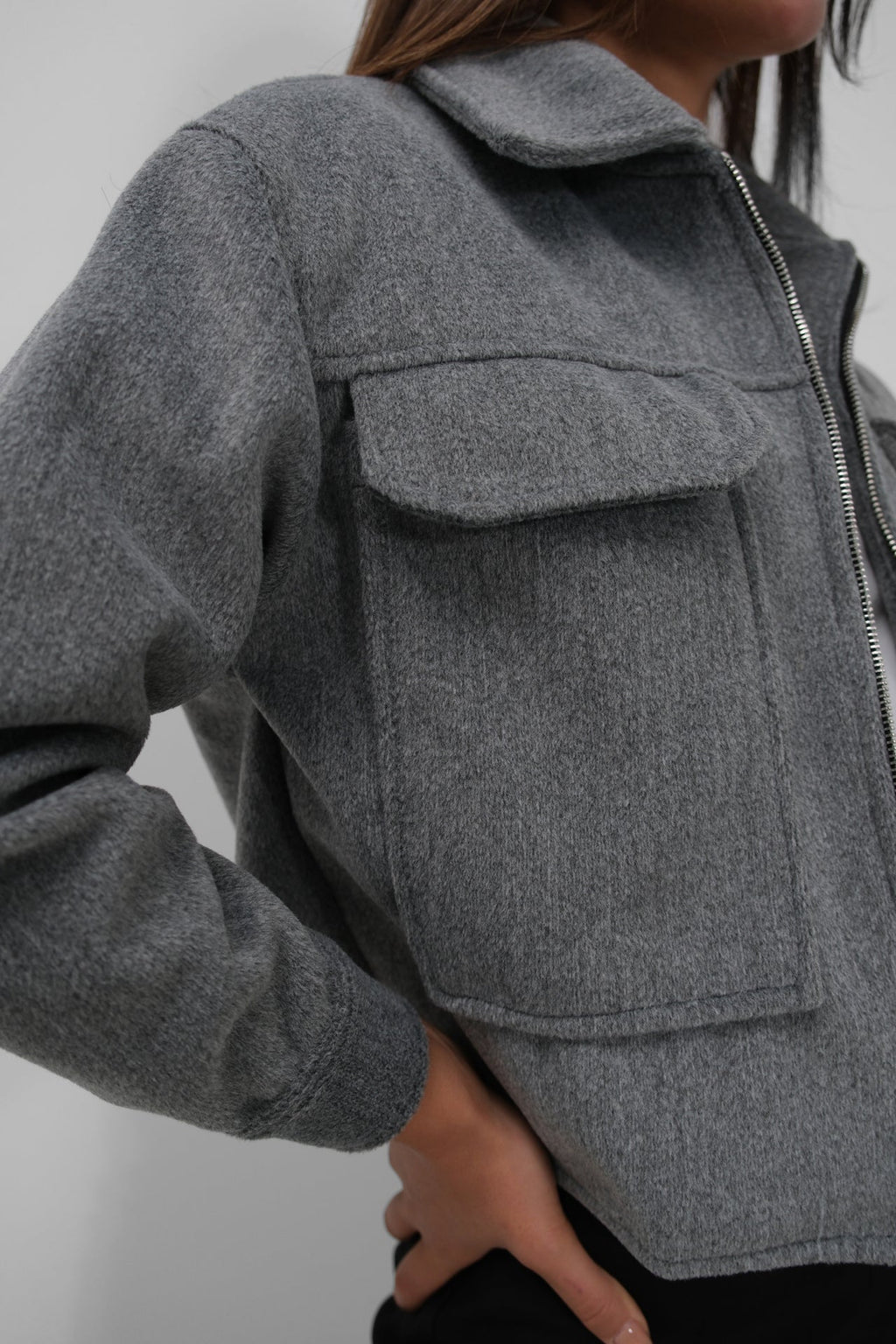 Button Detail Short Wool-Blend Gray Coat