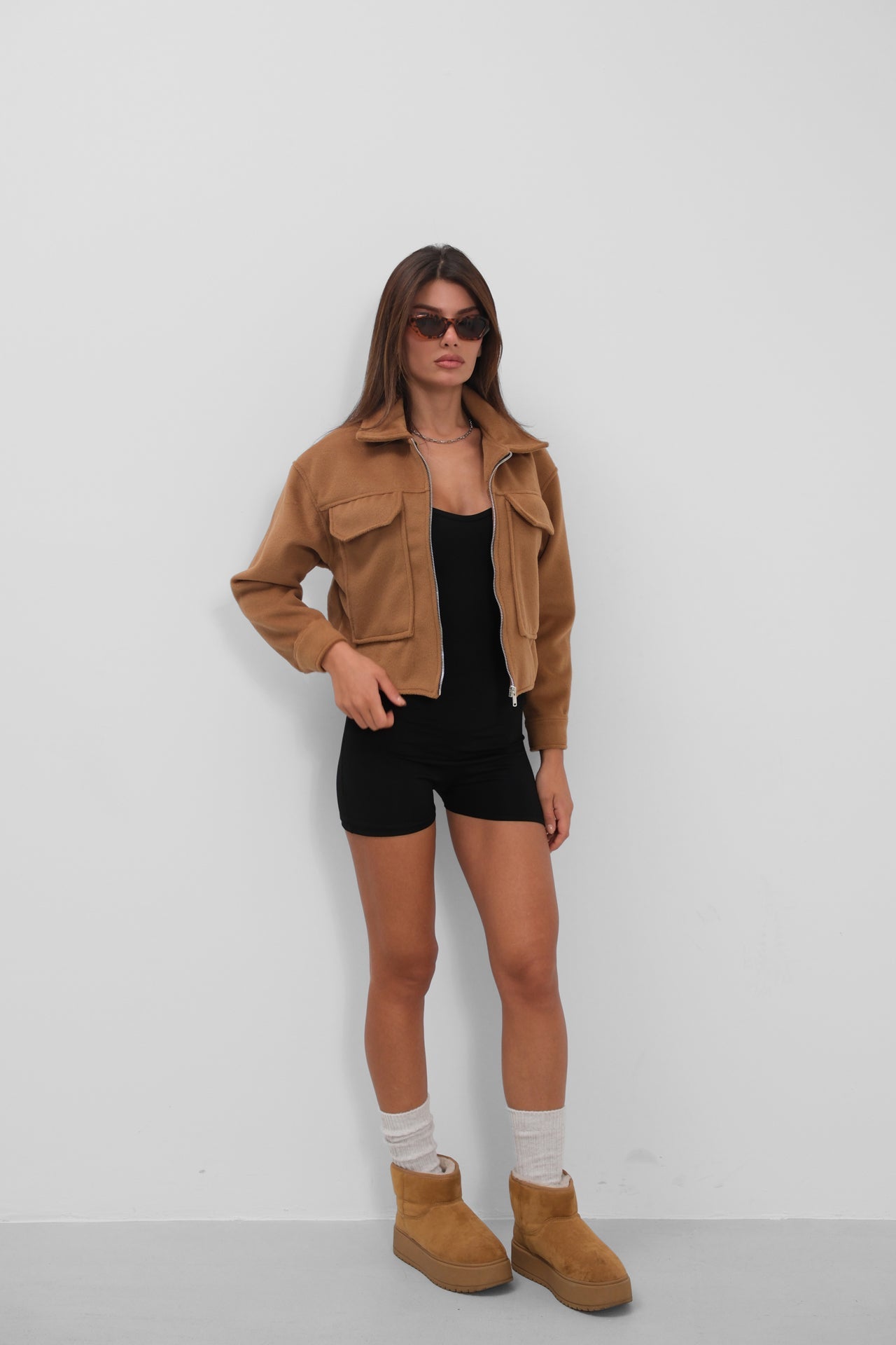 Button Detail Short Wool-Blend Camel Coat