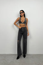 Button Detail Laser Cut Gray Jeans