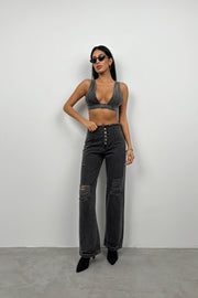 Button Detail Laser Cut Gray Jeans