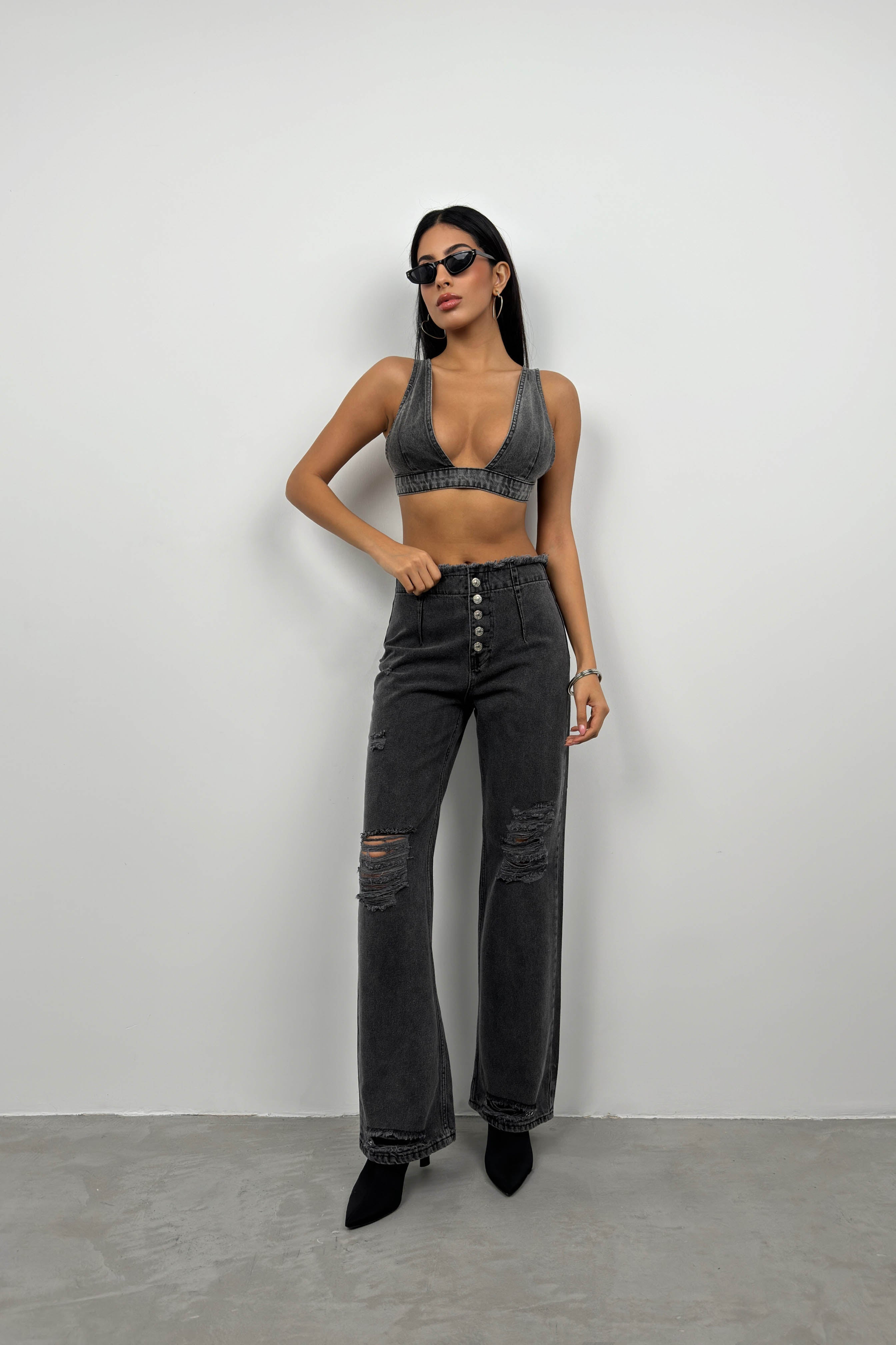 Button Detail Laser Cut Gray Jeans