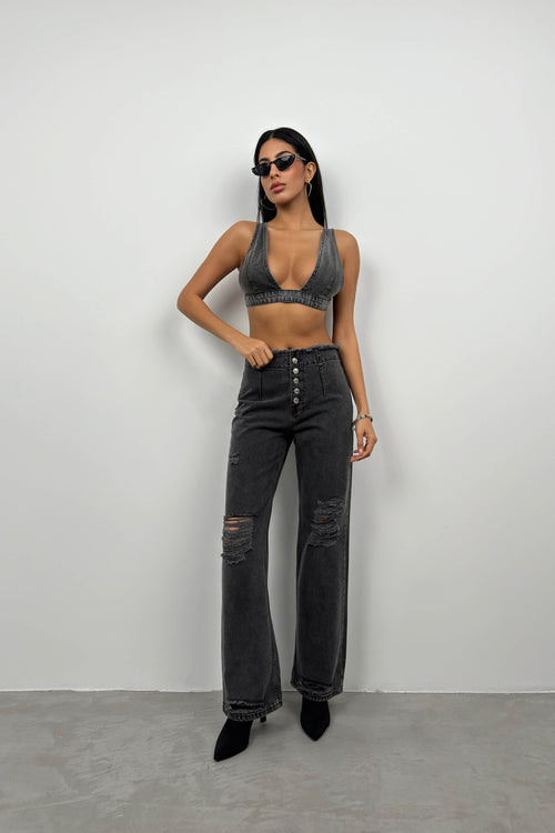 Button Detail Laser Cut Gray Jeans