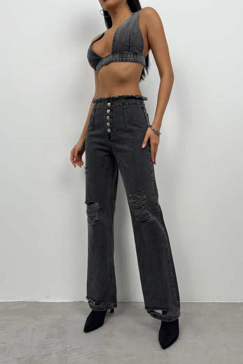 Button Detail Laser Cut Gray Jeans