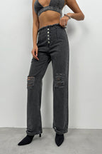 Button Detail Laser Cut Gray Jeans