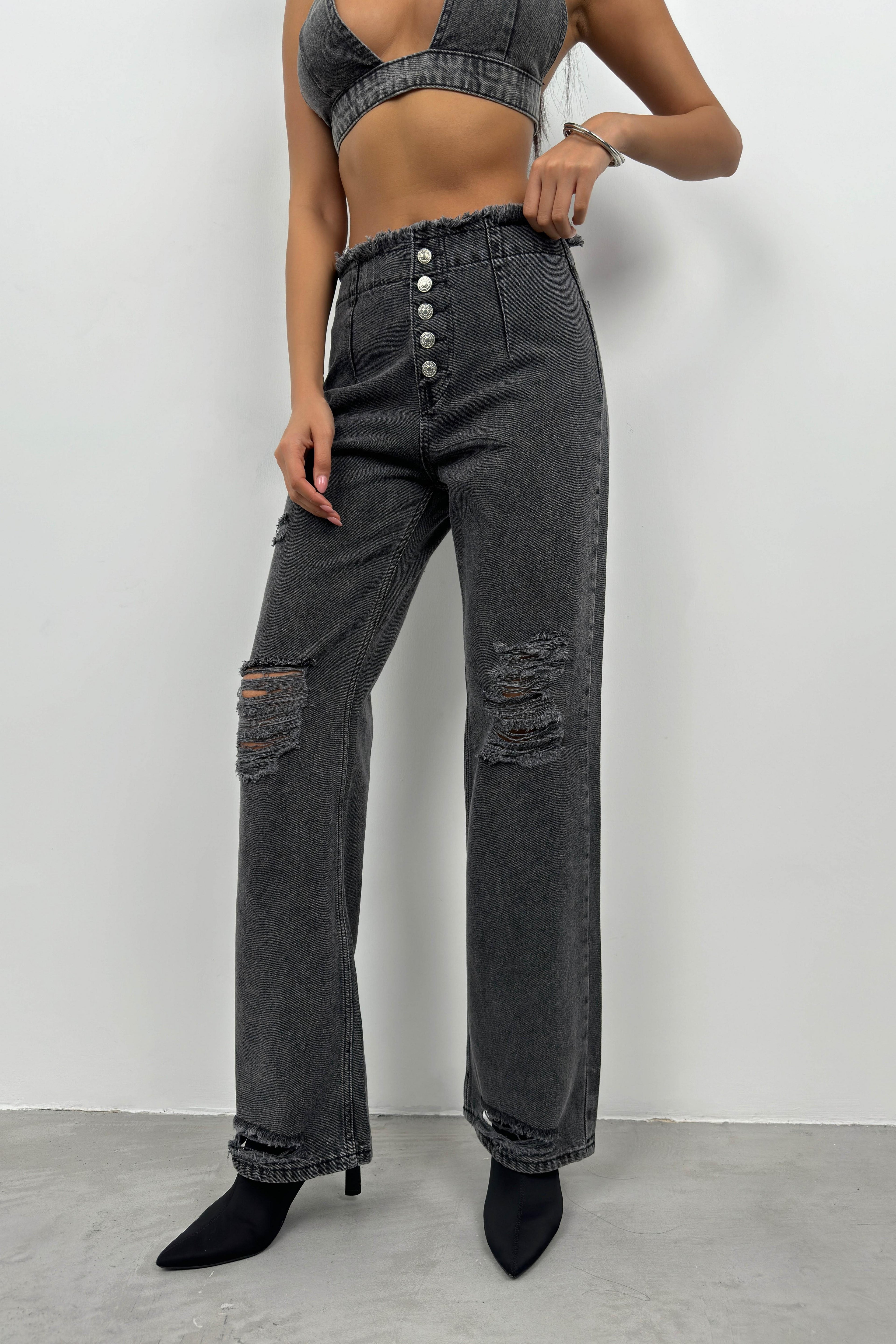 Button Detail Laser Cut Gray Jeans