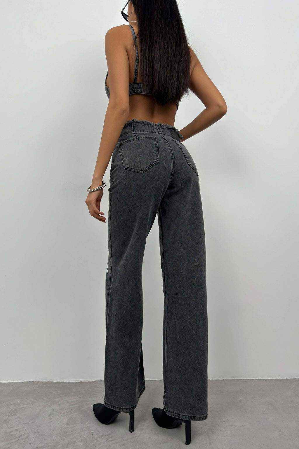 Button Detail Laser Cut Gray Jeans