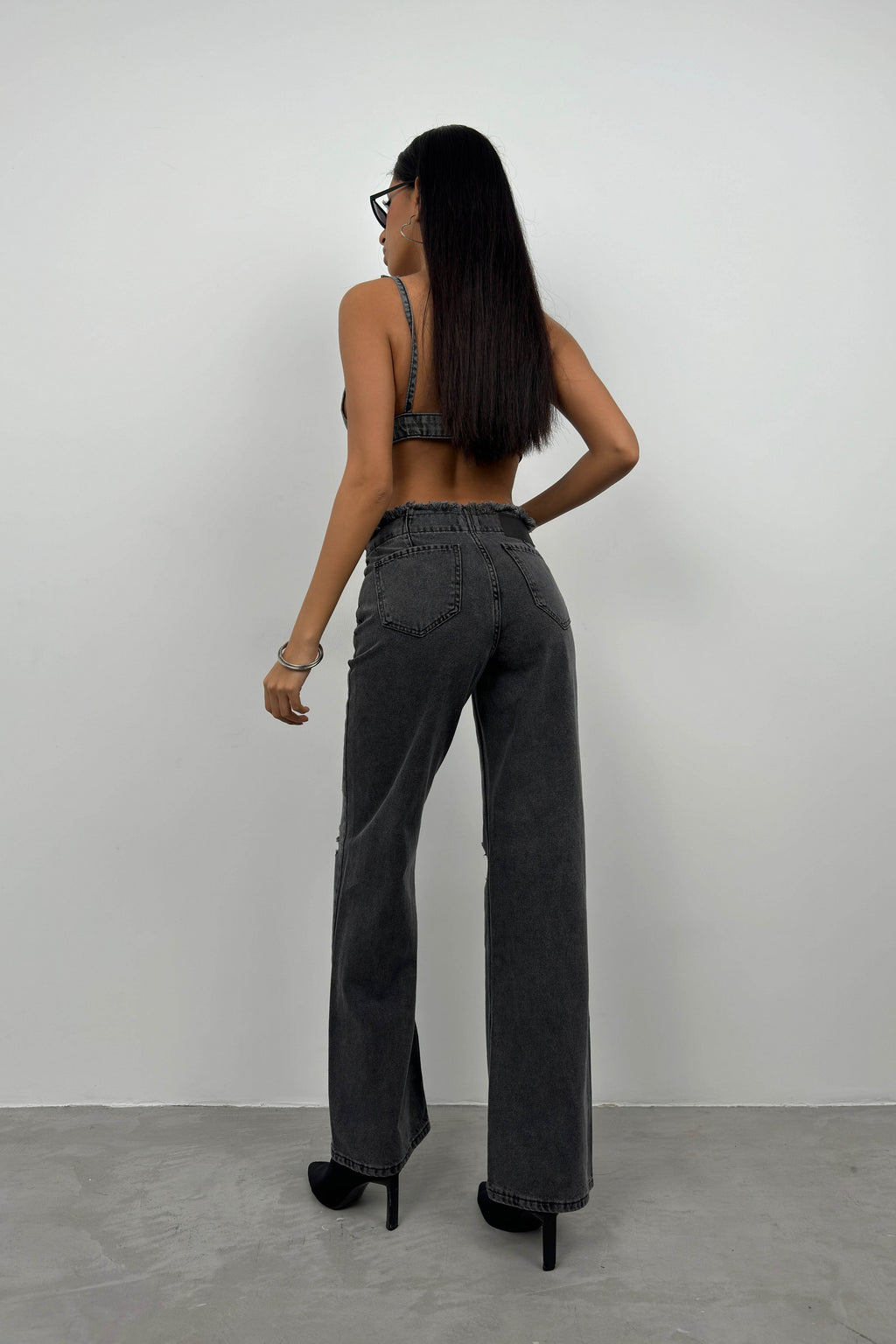 Button Detail Laser Cut Gray Jeans