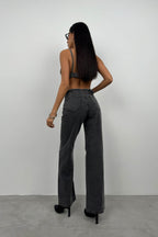 Button Detail Laser Cut Gray Jeans