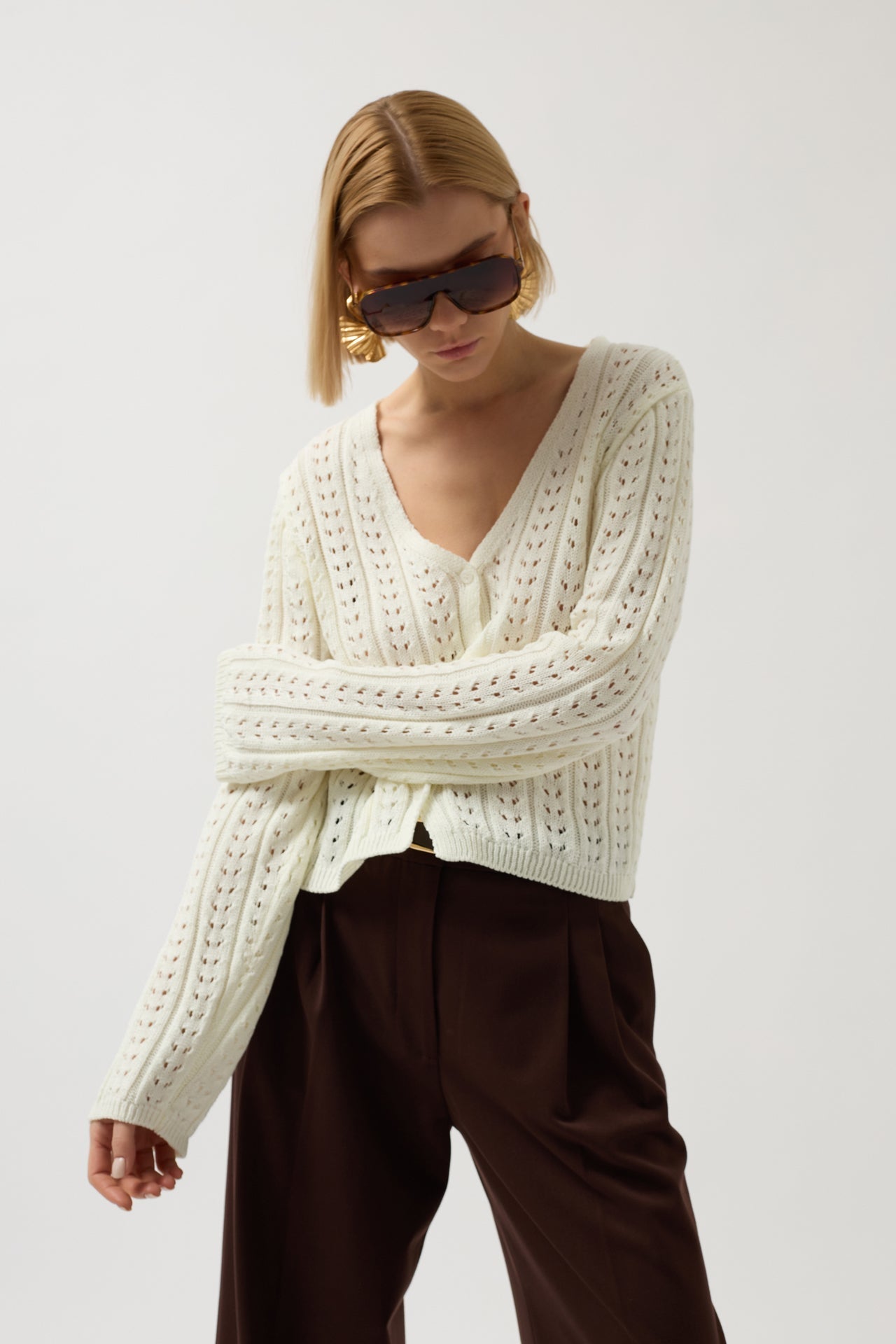 Button Detay Knit Ecru Blouse