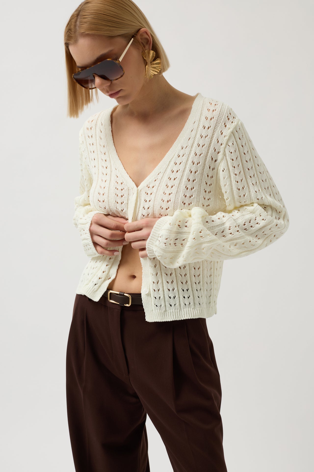 Button Detay Knit Ecru Blouse