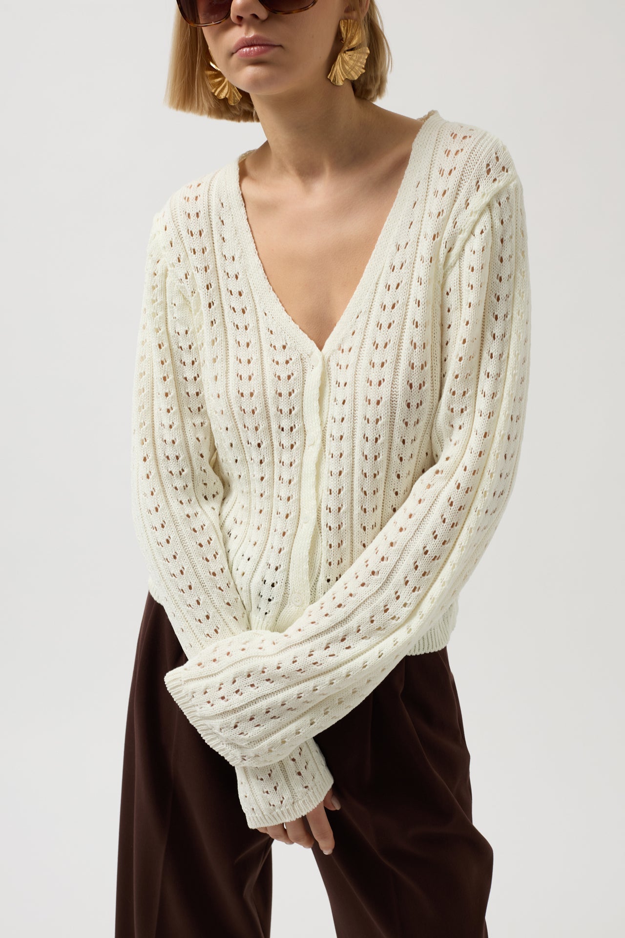 Button Detay Knit Ecru Blouse