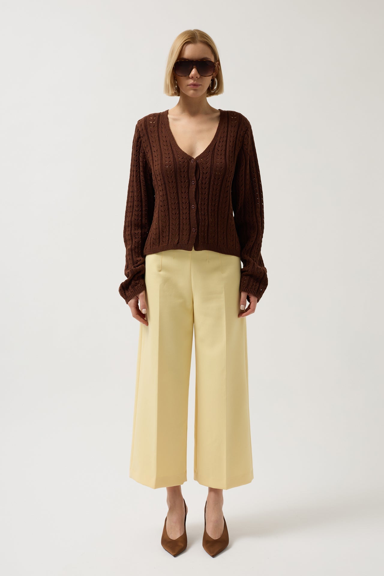 Button Detay Knit Brown Blouse