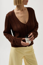 Button Detay Knit Brown Blouse