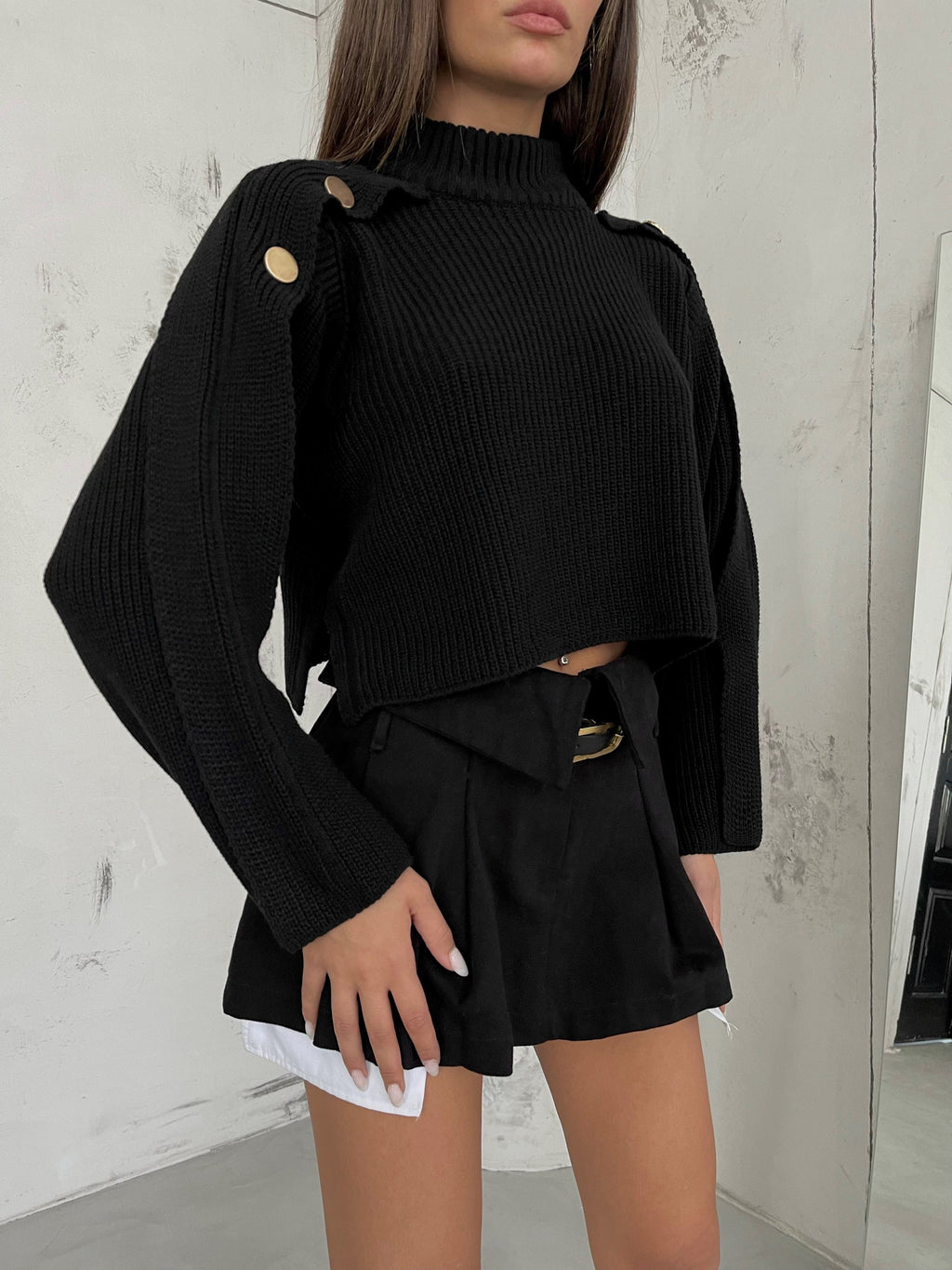Button Detail Black Oversize Sweater