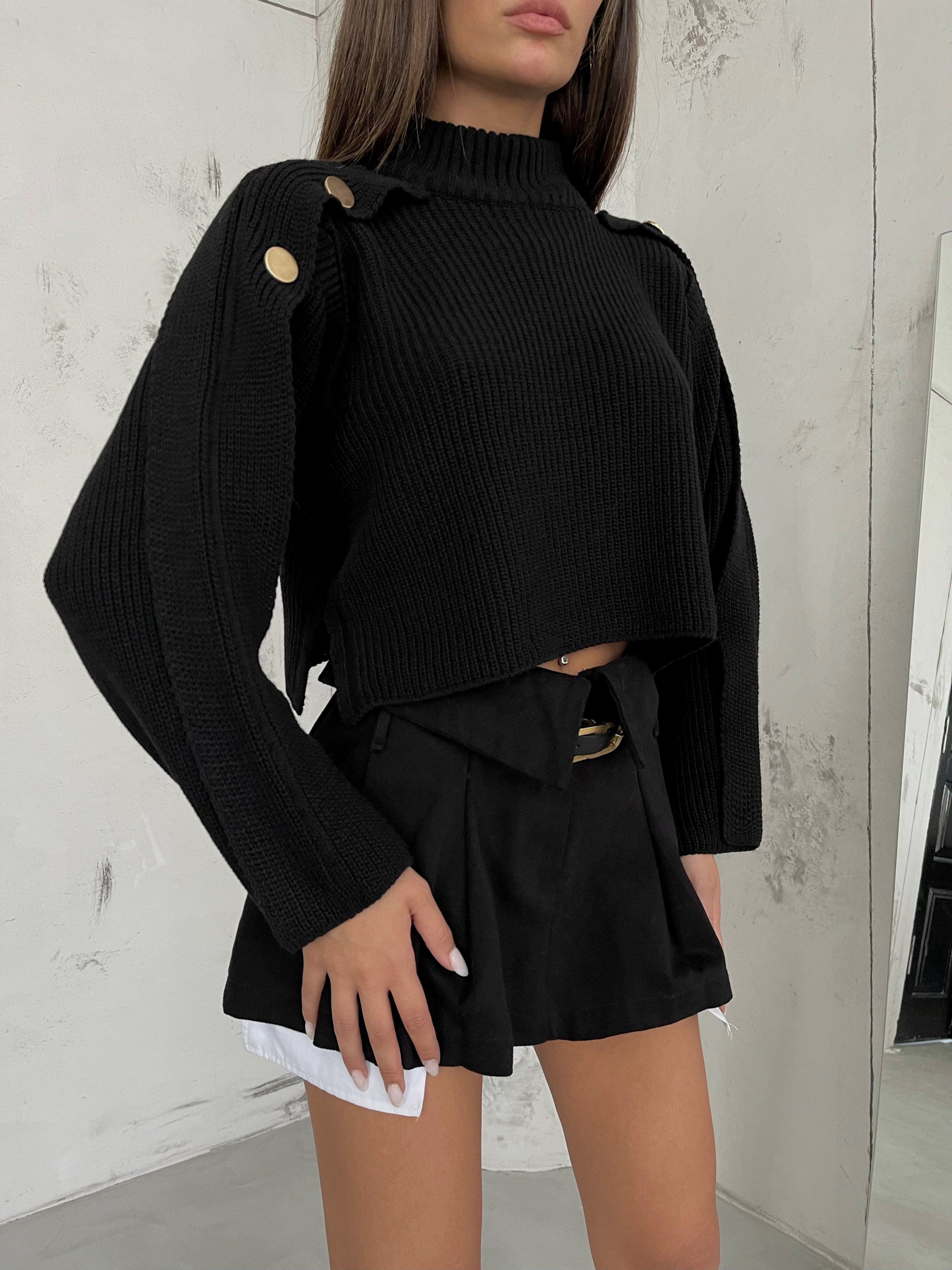 Button Detail Black Oversize Sweater