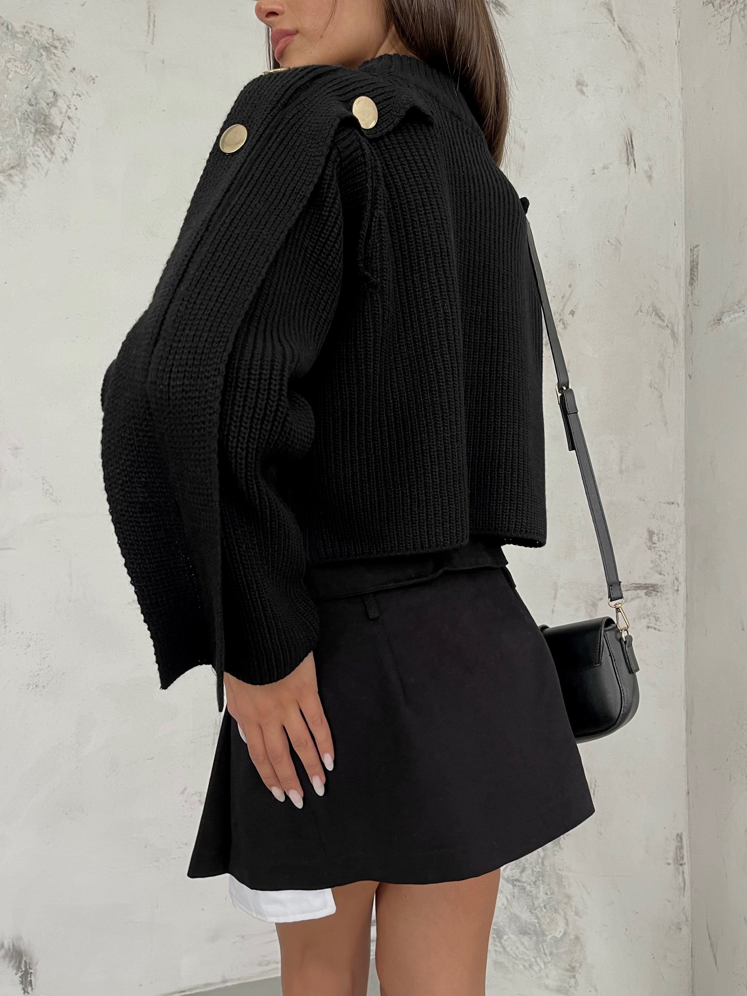 Button Detail Black Oversize Sweater