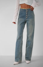 Button Detail Pleated Blue Jeanss
