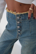 Button Detail Pleated Blue Jeanss