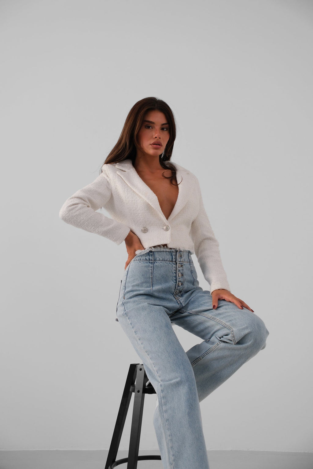 Button Detail Darted Light Blue Jeans