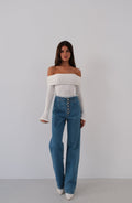 Button Detail Pleated Dark Blue Jeanss