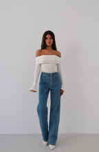 Button Detail Pleated Dark Blue Jeanss