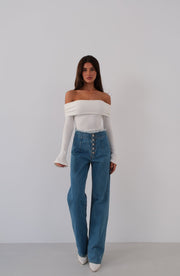 Button Detail Darted Dark Blue Jeans