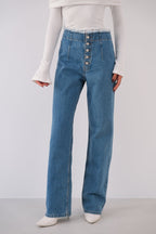 Button Detail Pleated Dark Blue Jeanss